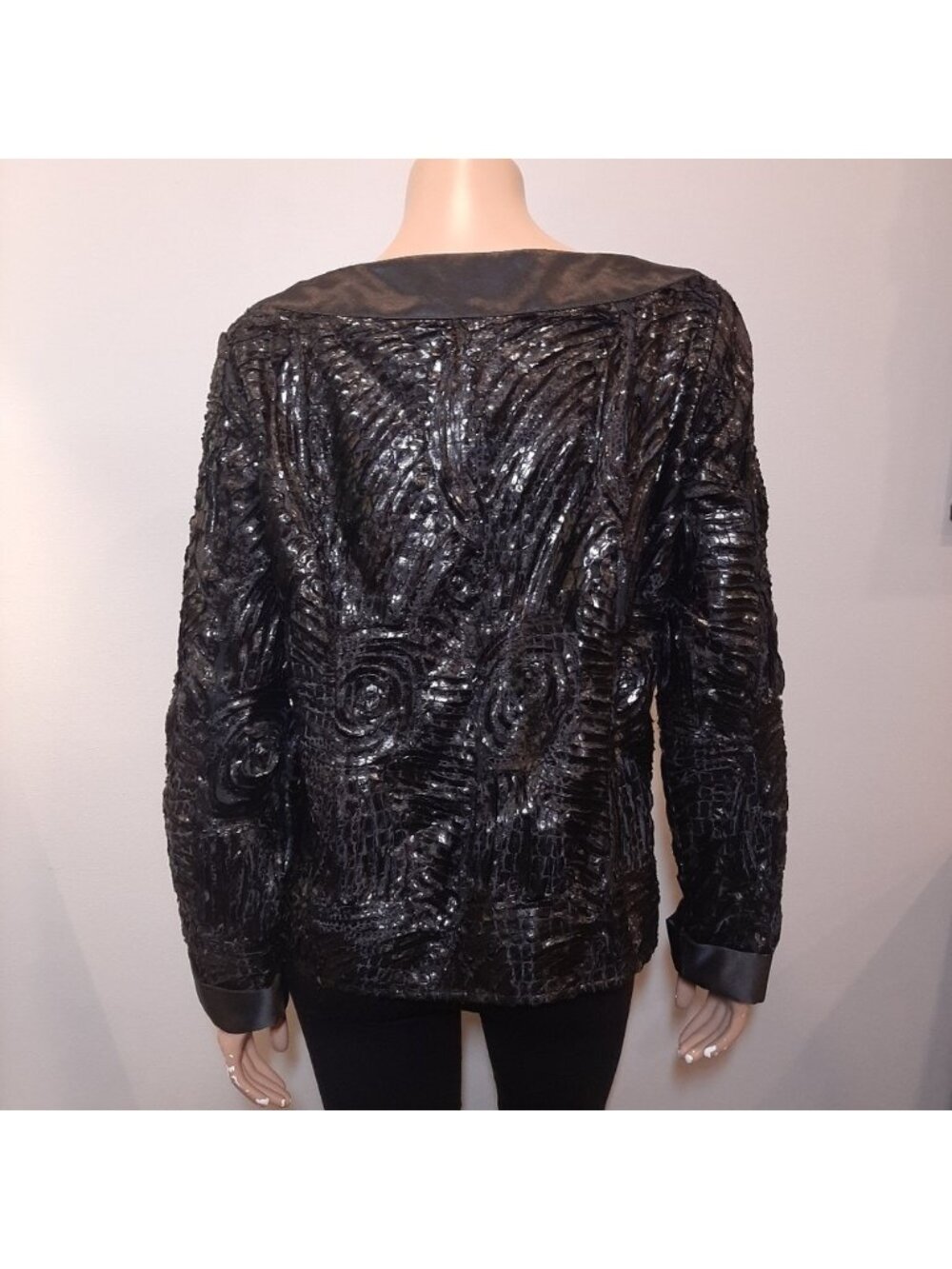 SAMUEL DONG Satin Jacket Textured Floral Buttoned Blazer Cardigan Top Designer - Picture 6 of 14